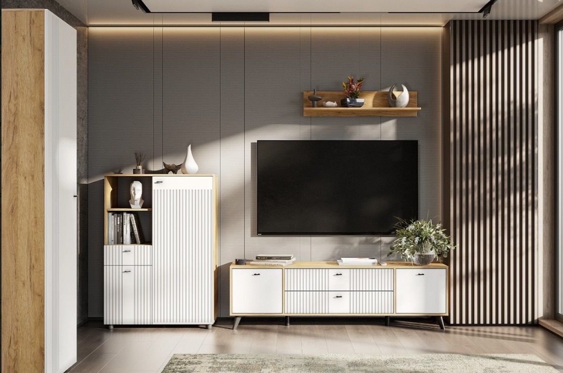 Тумба для ТВ SV-МЕБЕЛЬ (МС Милан К) Дуб Золотой/Белый матовый, с ящиками - фото4