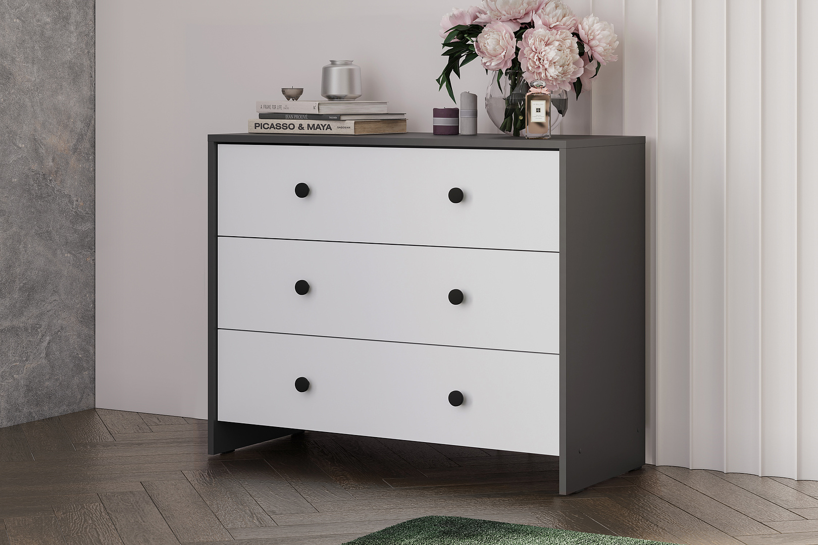 Комод NN Мебель (МС Дольче К)  3 ящика Графит/Белый - фото2