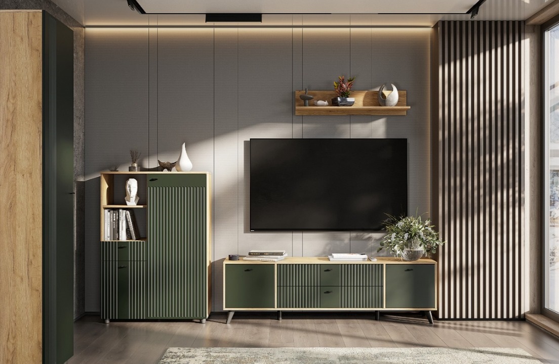 Тумба для ТВ SV-МЕБЕЛЬ (МС Милан К) Дуб Золотой/Олива Софт, с ящиками - фото4