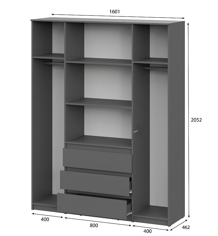 Шкаф NN Мебель (МС Денвер К) Серия 2 Графит серый, четырехстворчатый с 3 ящ. - фото3