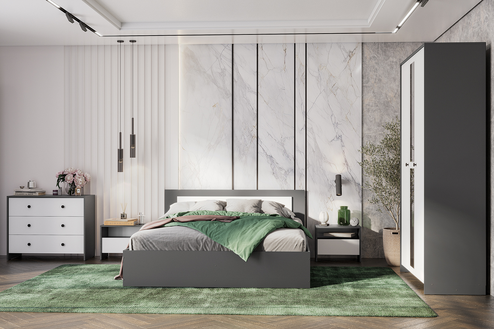 Тумба прикроватная NN Мебель (МС Дольче К) Графит/Белый - фото