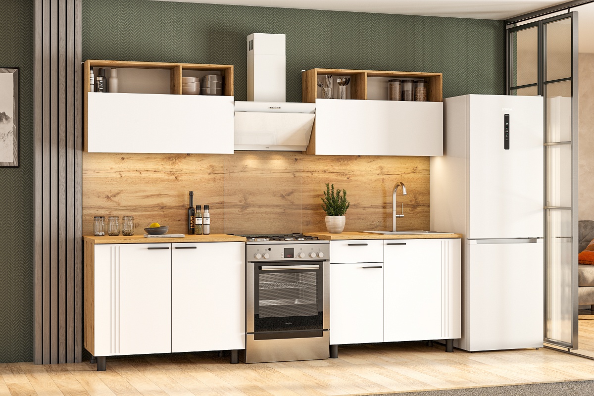 Кухонный гарнитур NN Мебель "Монако K" Серия 2 (2,0 м) Дуб Золотой/Белый матовый/Дуб Вотан - фото2