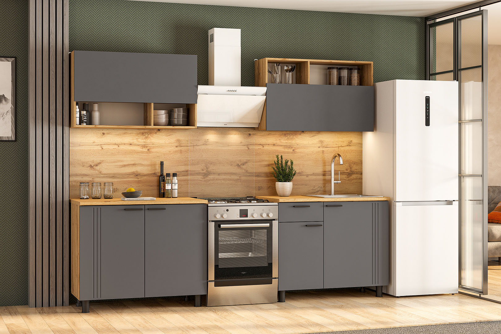 Кухонный гарнитур NN Мебель "Монако K" Серия 2 (2,0 м) Дуб Золотой/Графит/Дуб Вотан - фото