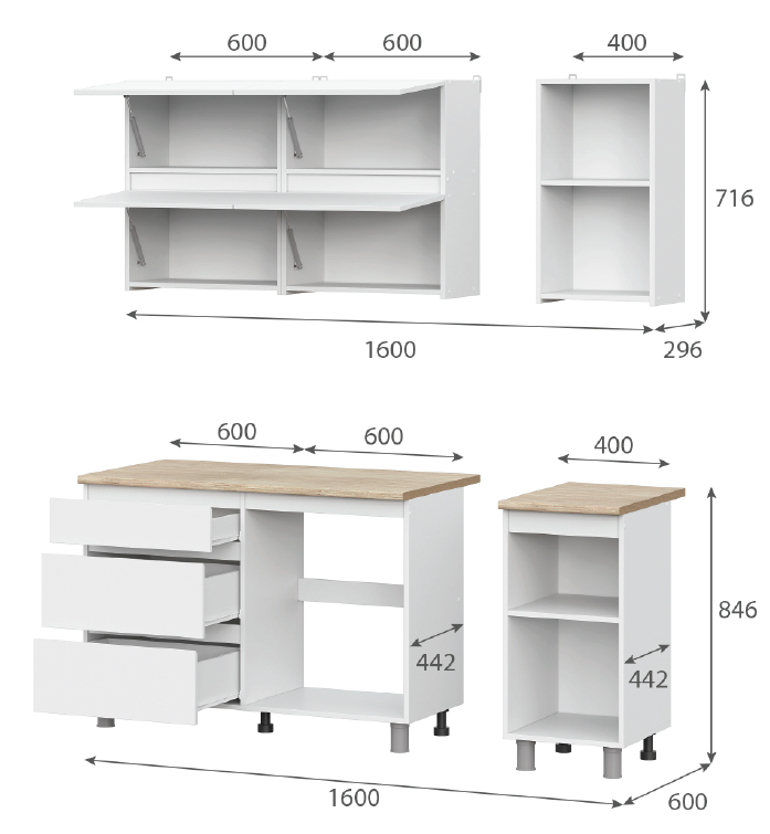 Кухонный гарнитур NN Мебель "Токио" Серия 3 (1,6 м) Белый текстурный/Дуб Сонома - фото3