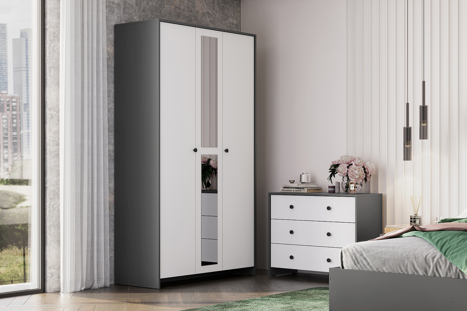 Комод NN Мебель (МС Дольче К)  3 ящика Графит/Белый - фото3