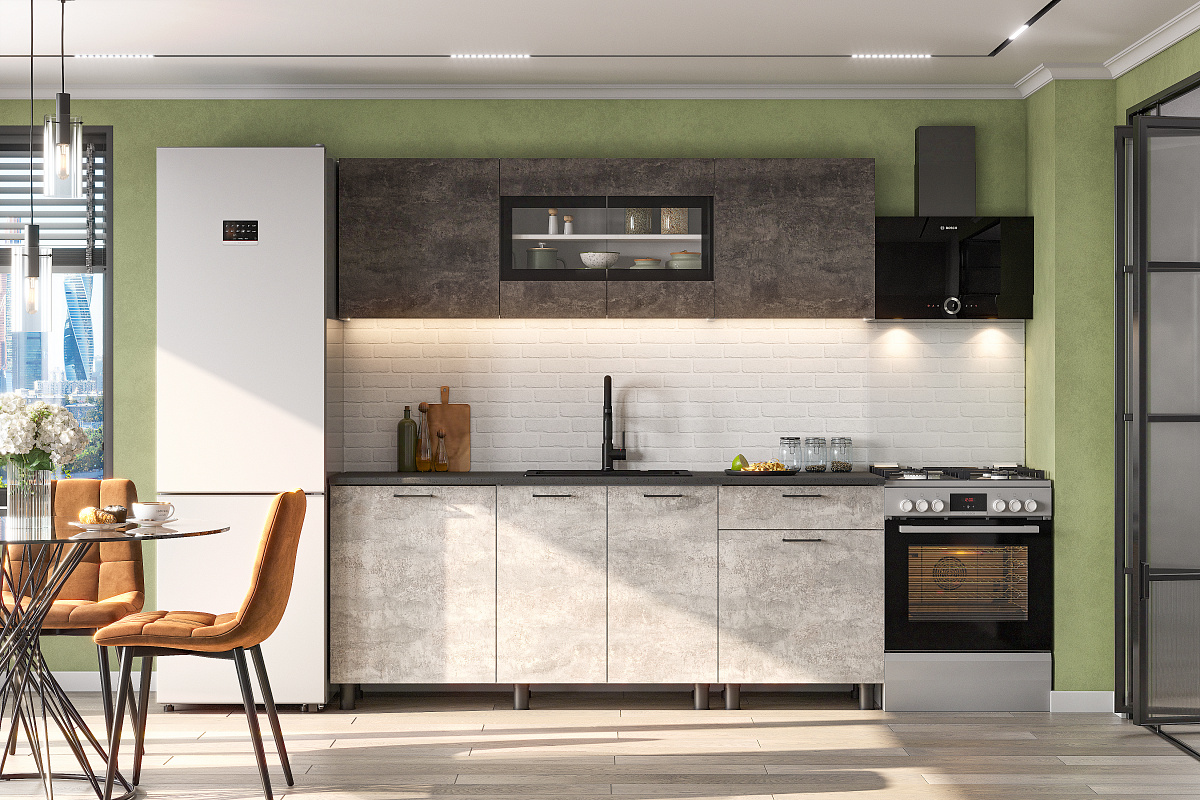 Кухонный гарнитур NN Мебель "КГ-9" (2,0 м) Белый/Цемент темный/Цемент светлый/Черный - фото