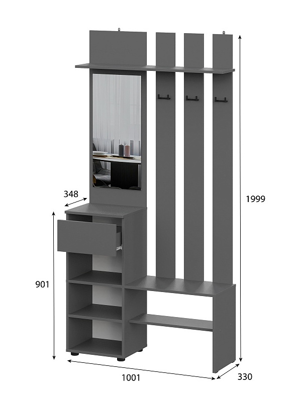 Вешалка NN Мебель (МС Денвер К) Графит серый, с зеркалом - фото3
