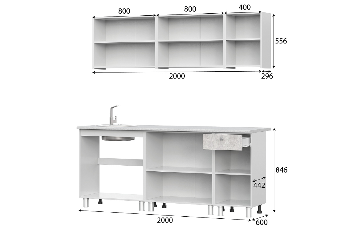 Кухонный гарнитур NN Мебель "КГ-1" (2,0 м) Белый/Белый/Цемент светлый/Антарес - фото2
