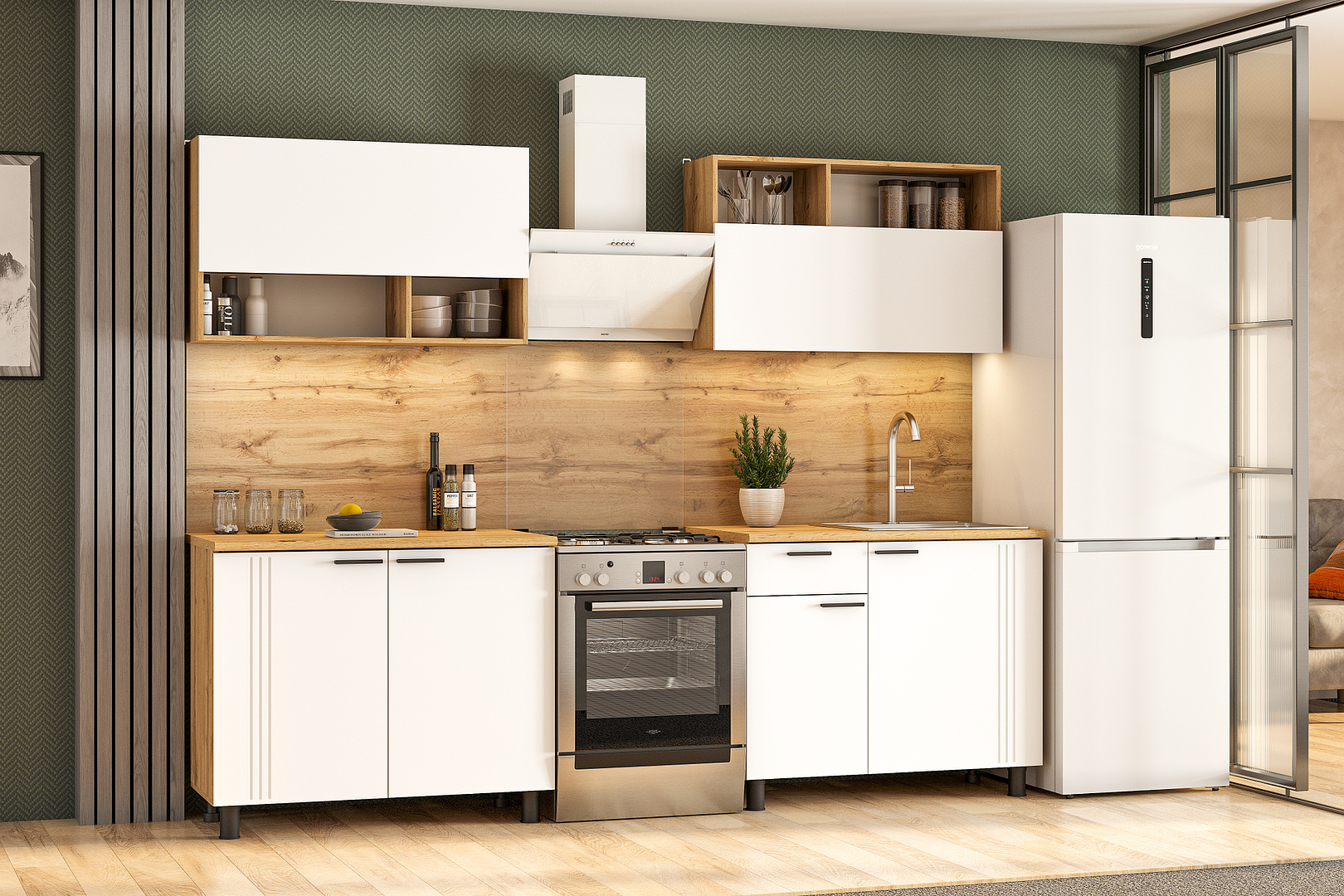 Кухонный гарнитур NN Мебель "Монако K" Серия 2 (2,0 м) Дуб Золотой/Белый матовый/Дуб Вотан - фото