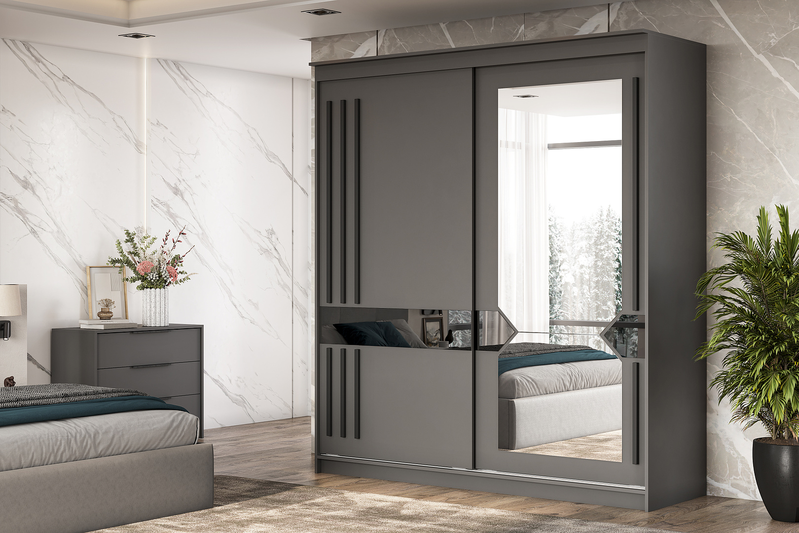 Шкаф-купе NN Мебель К №25 (2,0 м) Блэк ЛАЙТ Графит серый/Лакобель/Черный матовый - фото3